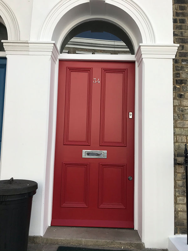Incarnadine painted front door by Farrow and Ball