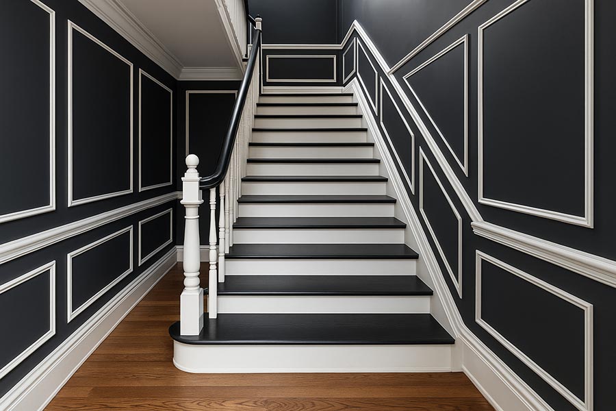 Black and white hallway with back panels