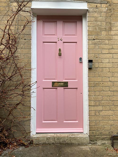 Front door painted in Nancy’s Blushes from Farrow and Ball