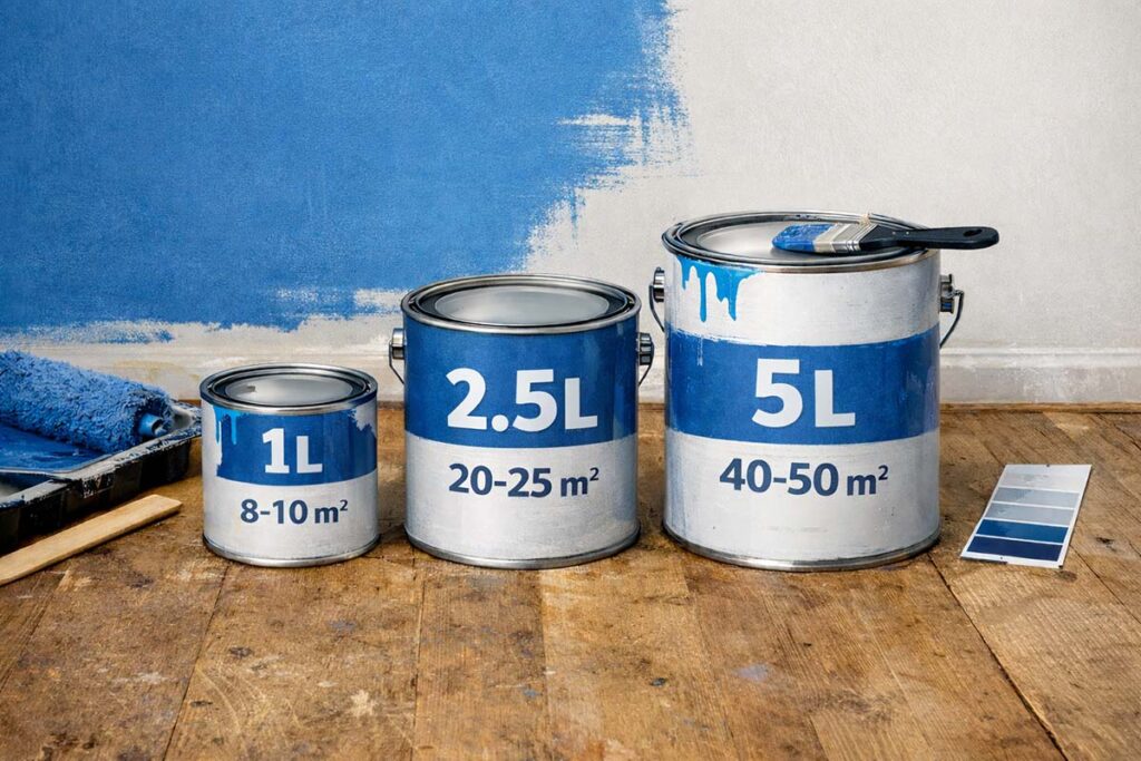 Paint coverage by 1 litre, 2.5 litres, 5 litres